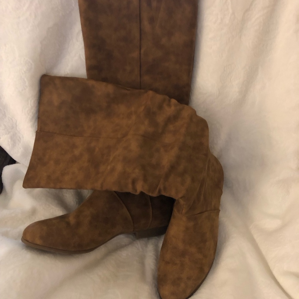 Camel knee high boots